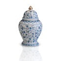 Blue and white porcelain Ginger Jar Minis with floral patterns, lid, and gold finial. Available in small and medium sizes.