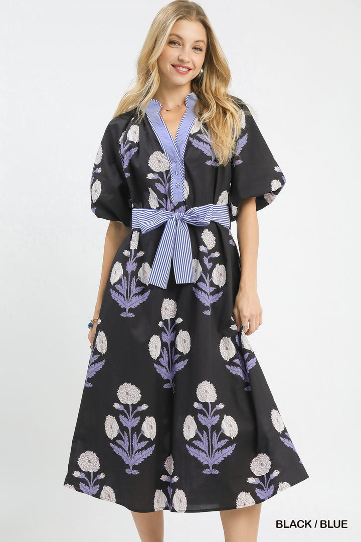 Carol Floral Print Midi Dress in black with purple/white florals, blue-white collar and waist tie. Sizes: XS-XL.
