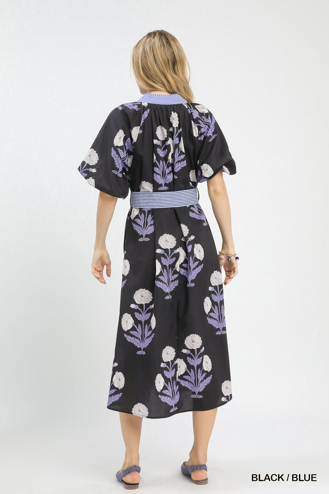 Carol Floral Print Midi Dress in black with blue and white floral pattern, blue waistband. Sizes: XS–XL.