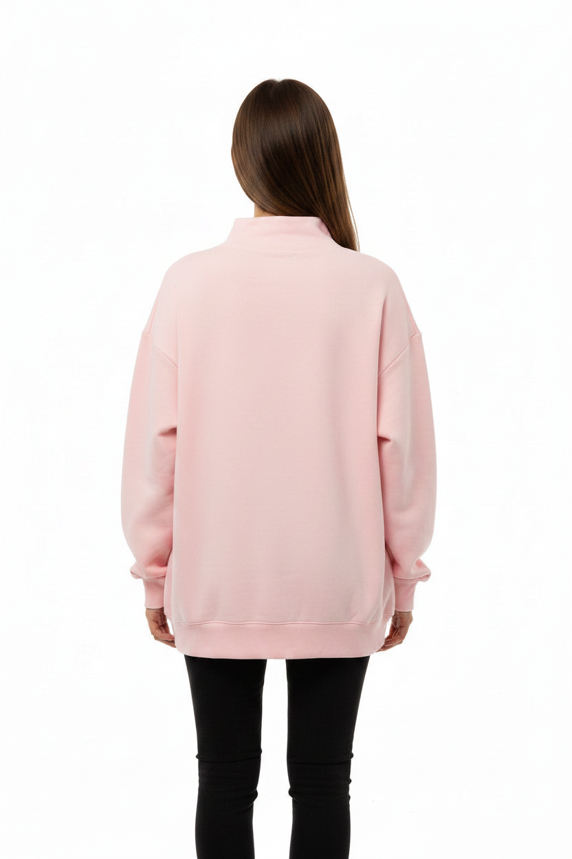 Kindness Mock Neck Sweatshirt in light pink. Available in sizes XS to XL.
