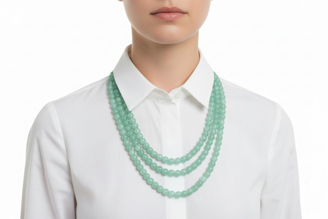 Marbled Green Beaded Jewelry three-strand necklace. Available sizes: 16", 18", 20".