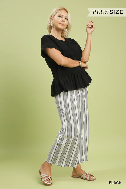 Amelia Smocked Peplum Top: black linen blend, scallop edge sleeves. Available in plus size. Color: Black.