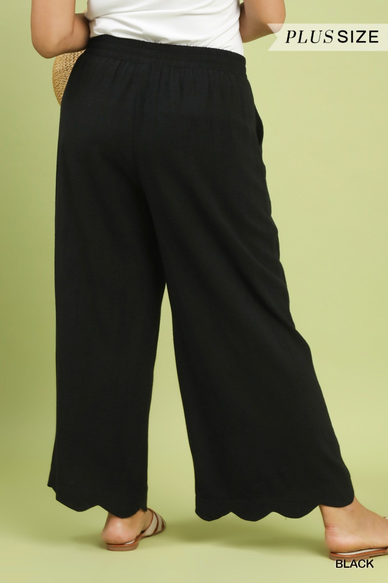 Amelia Scallop Wide Leg Pants in black linen with scalloped hems. Available in sizes XS-XL.