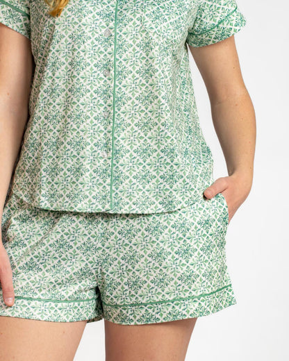 Carmen Sleep Bottoms in green and white floral, relaxed fit. Available in sizes XS-XL.