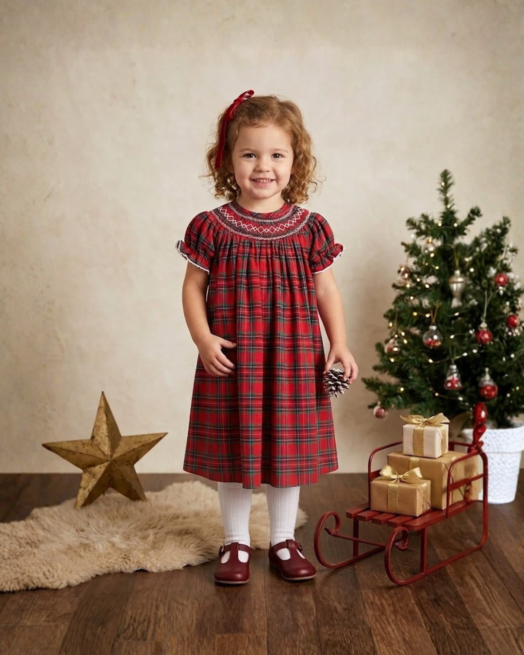 Red Christmas Plaid Smocked Bishop Dress, available in 4T.