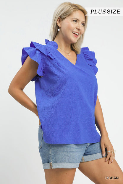 Mila Textured Ruffle Blouse in royal blue, available in plus sizes.