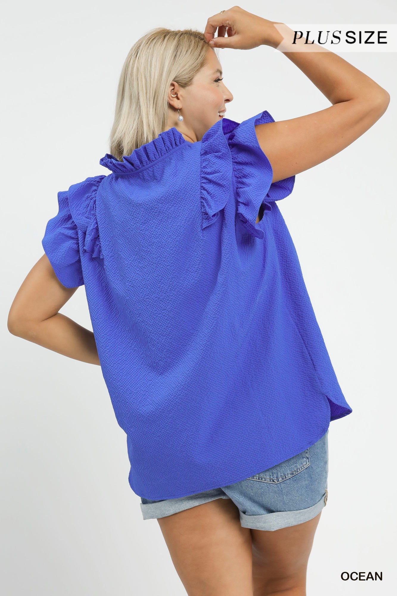 Mila Textured Ruffle Blouse in ocean blue, available in plus sizes.