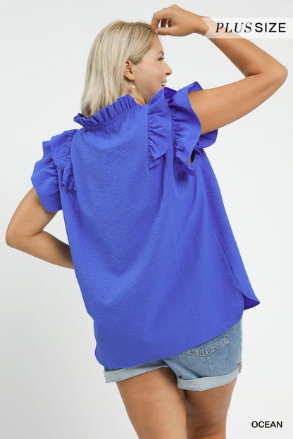 Mila Textured Ruffle Blouse in ocean blue, available in plus sizes.