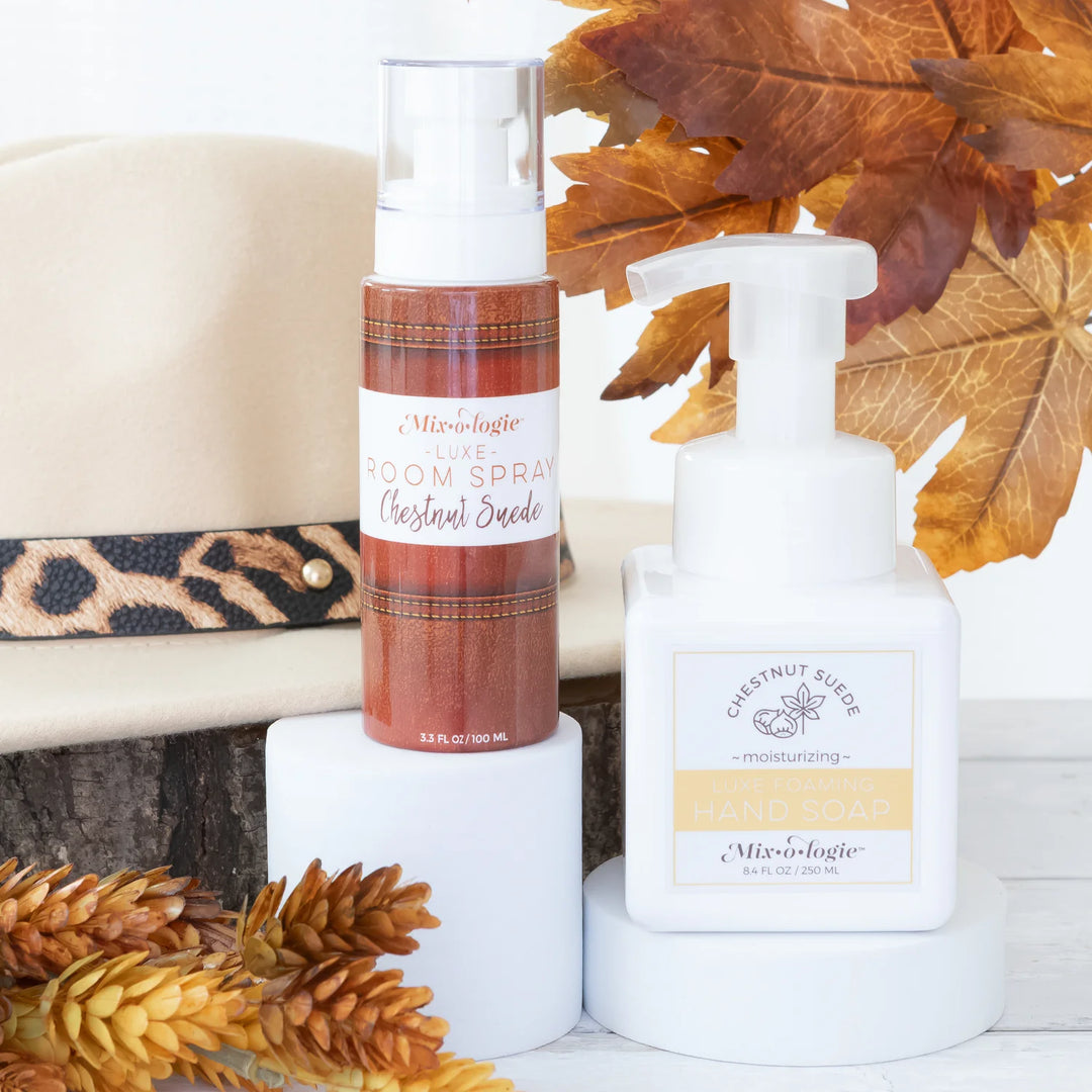 Mix O Logie Chestnut Suede Room Spray bottle, available in 4 oz and 8 oz sizes.
