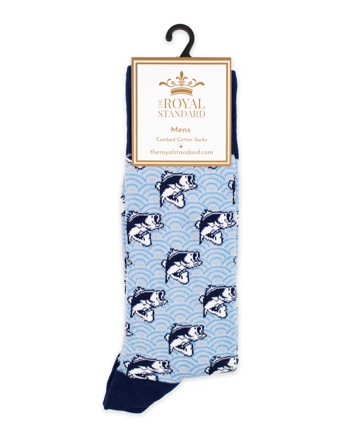 Blue men's socks with fish and wave pattern, "The Royal Standard" label. Available sizes: M, L.