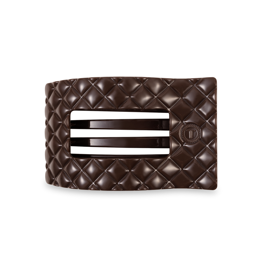 TELETIES Flat Rectangle Hair Clip with quilted leather-like design, three slats, circular detail. Available in multiple sizes.