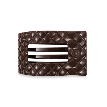 TELETIES Flat Rectangle Hair Clip with quilted leather-like design, three slats, circular detail. Available in multiple sizes.