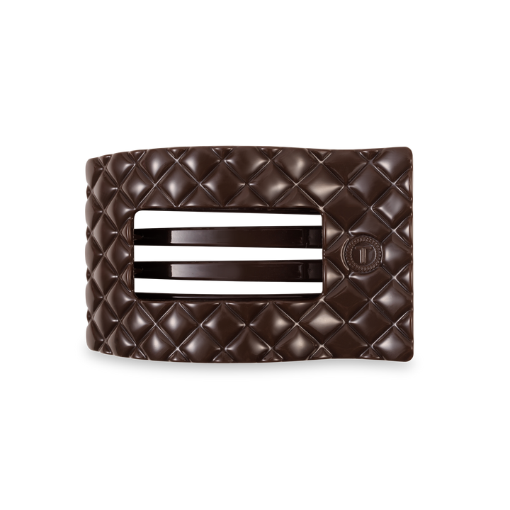 TELETIES Flat Rectangle Hair Clip with quilted leather-like design, three slats, circular detail. Available in multiple sizes.