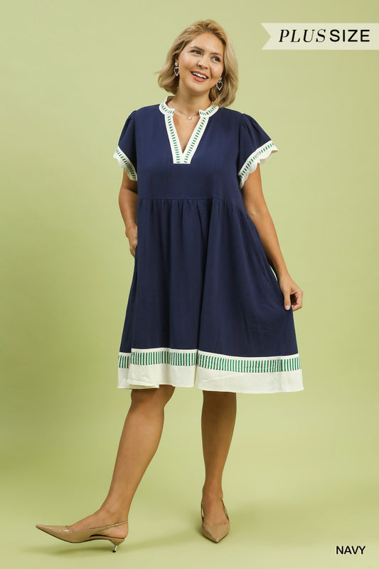 Navy Coast Linen Color Block Dress, plus-size, knee-length, navy with white and striped trim on sleeves, neckline, and hem; available in plus sizes.