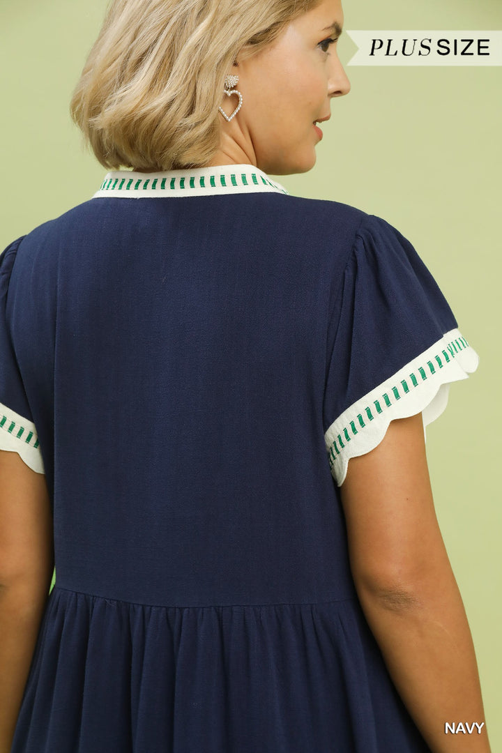 Navy Coast Linen Color Block Dress with white and green trim on sleeves and collar; available in plus sizes.