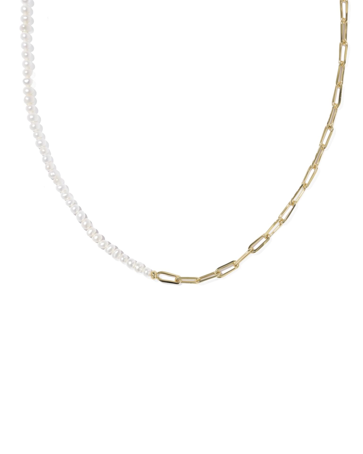 Gold necklace with freshwater pearls on one side, paperclip chain on the other. Available in 16" and 18" lengths.