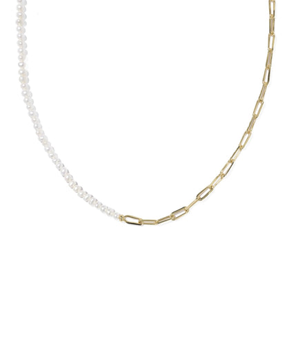 Gold necklace with freshwater pearls on one side, paperclip chain on the other. Available in 16" and 18" lengths.