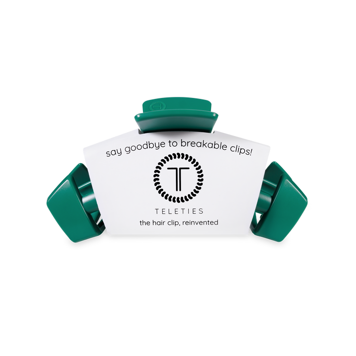 Matte green claw clip with white TELETIES label. Durable, stylish. Available in small, medium, and large sizes.