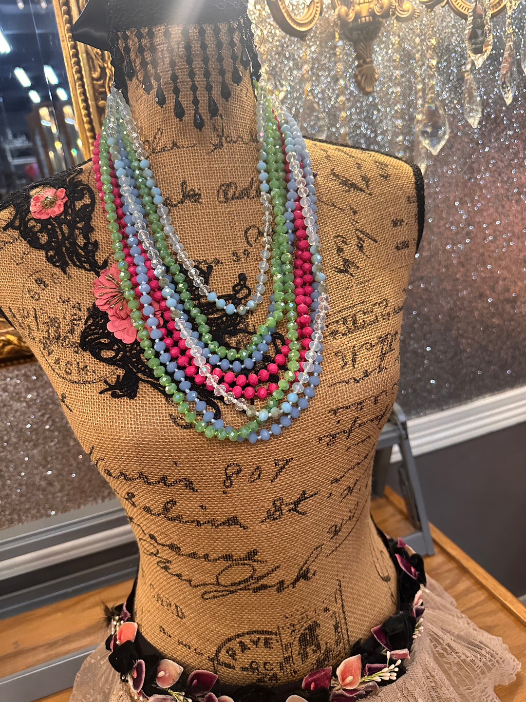 Long Strand Beaded Necklaces in blue, pink, green, and purple. Available in 24", 30", and 36" lengths.