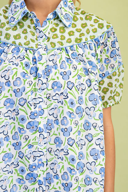 Miss Peony Floral Dress: blue and white florals, green yoke and sleeves with small prints. Available in sizes XS-XL.