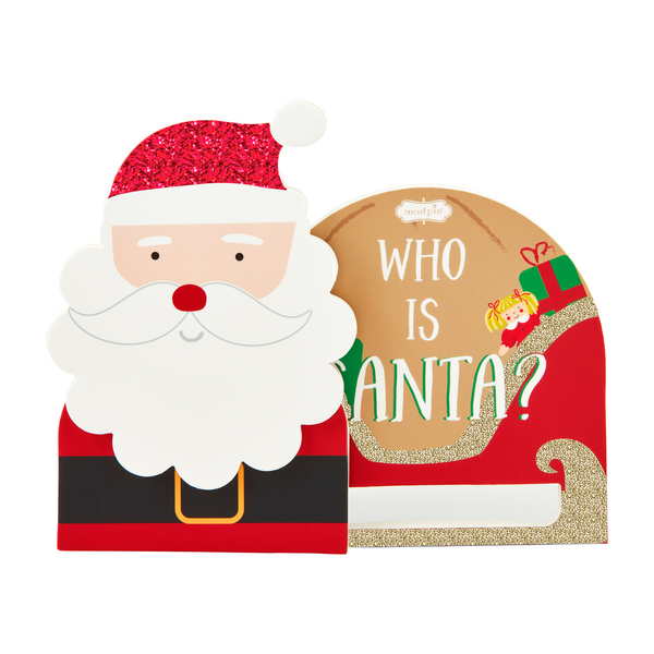 Santa &amp; Reindeer standing book shaped like Santa Claus with “Who is Santa?” title on back.