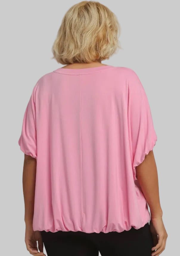 Loose-fitting, short-sleeved pink Bubble Sleeve & Hem Top with gathered edges. Available in sizes XS-XXL.