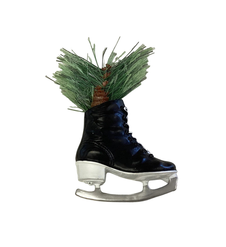 Black Ice Skate Boot Ornament with pine branch and pinecone.
