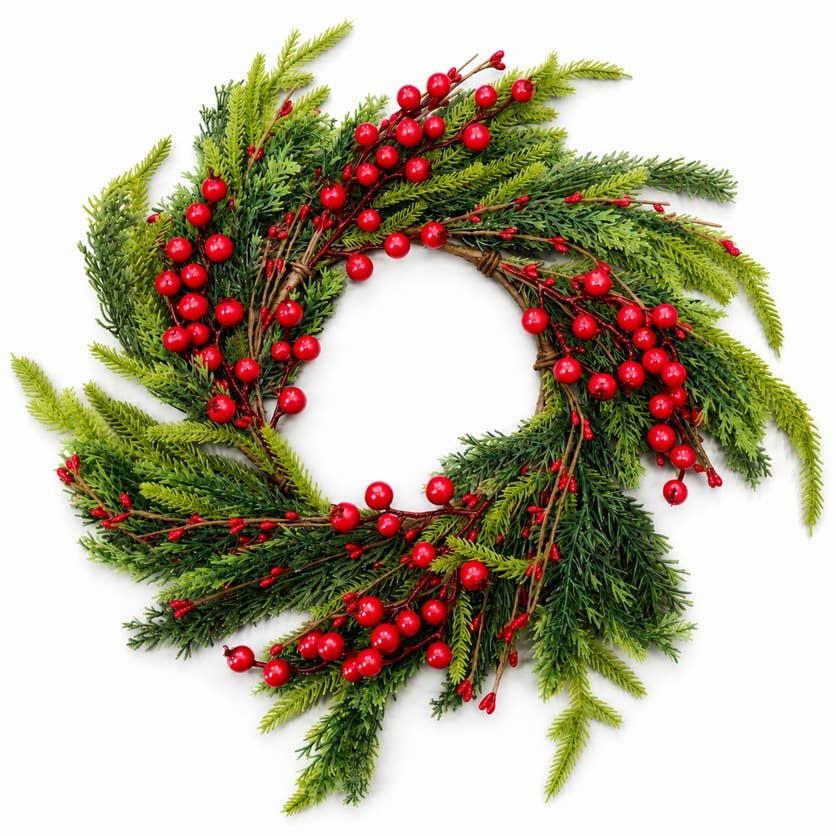 16″ Fir Pine and Red Berries Candle Ring or Wreath in green and red, made from Christmas greenery and red berries, arranged in a circle.