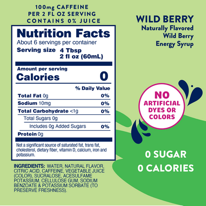Nutrition Facts for Sugar Free Wild Berry Energy Syrup, 0-calorie, 100mg caffeine/2 fl oz; 375ml size; full ingredients listed.
