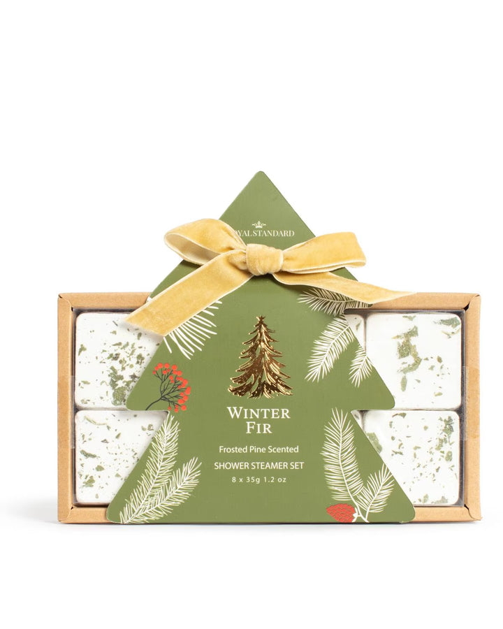 Winter Fir Shower Steamer Set in Frosted Pine, eight 35g (1.2 oz) steamers with a tree-shaped tag and velvet ribbon.