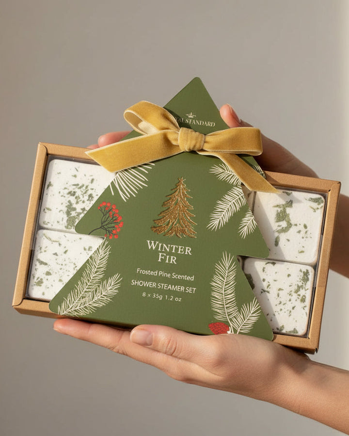 Winter Fir Shower Steamer Set, eight count, Frosted Pine, with tree-shaped product card.