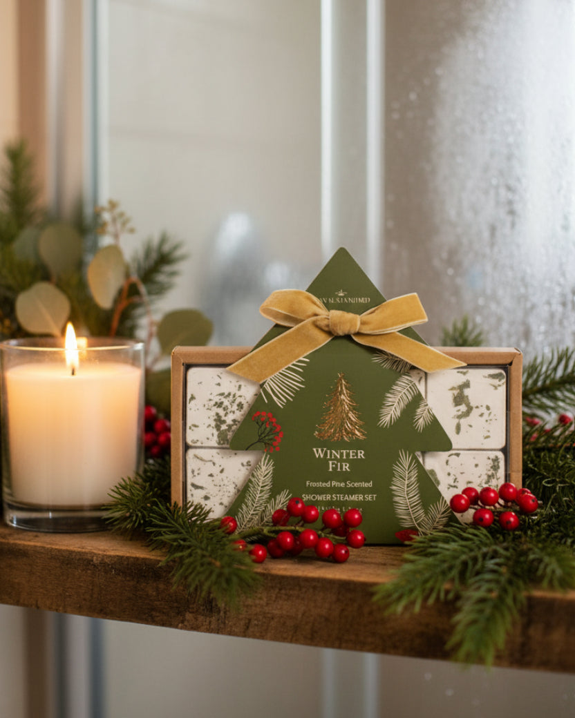Winter Fir Shower Steamer Set | Frosted Pine in a rectangular package with a tree-shaped decorative card and gold ribbon.