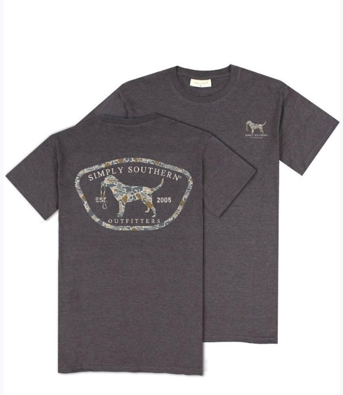 Charcoal gray Men’s Camodog Tee with camo dog and "EST 2005" on back, small dog graphic front. Sizes S-XXL. Front/back view.