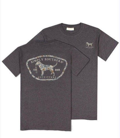 Charcoal gray Men’s Camodog Tee with camo dog and "EST 2005" on back, small dog graphic front. Sizes S-XXL. Front/back view.