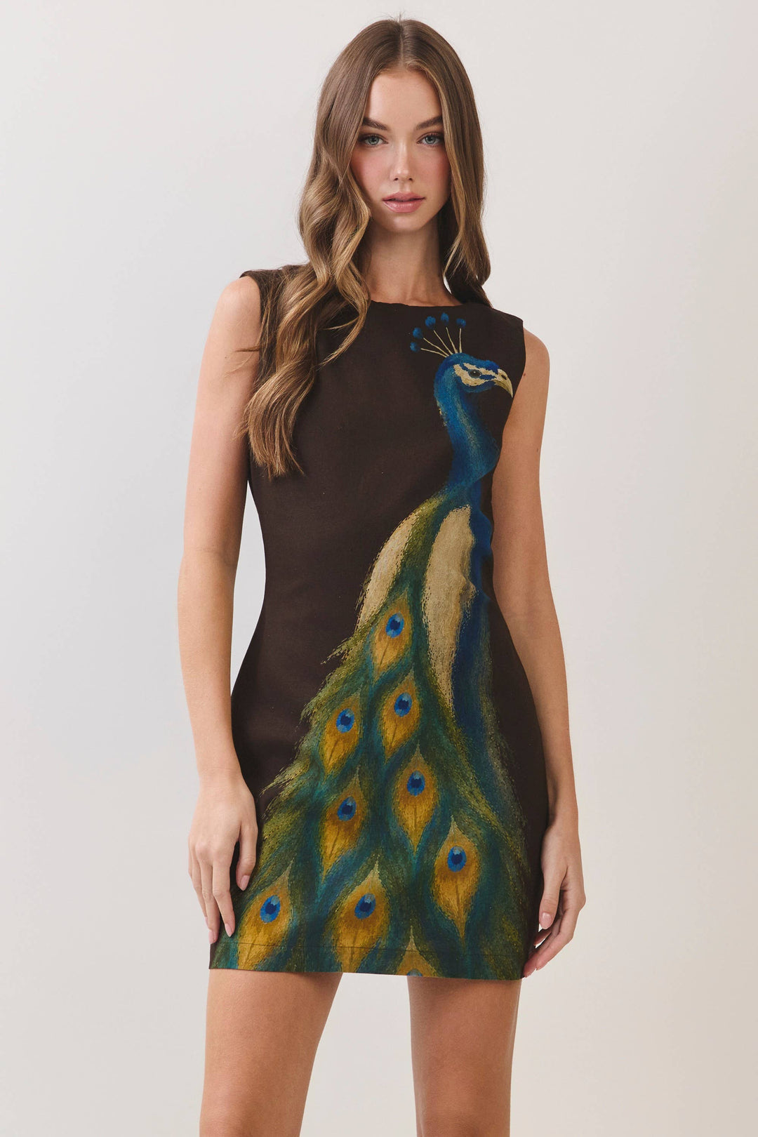 CD07499-Peacock Print Mini Dress in CHOCOLATE, size L; sleeveless, vibrant peacock print. Sizes available: L.
