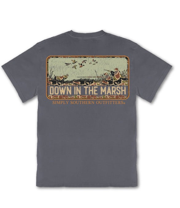 Gray tee with outdoor-themed graphic of ducks, hunters, and dogs, plus the phrase “DOWN IN THE MARSH, SIMPLY SOUTHERN OUTFITTERS.” Available in sizes S-XXL.