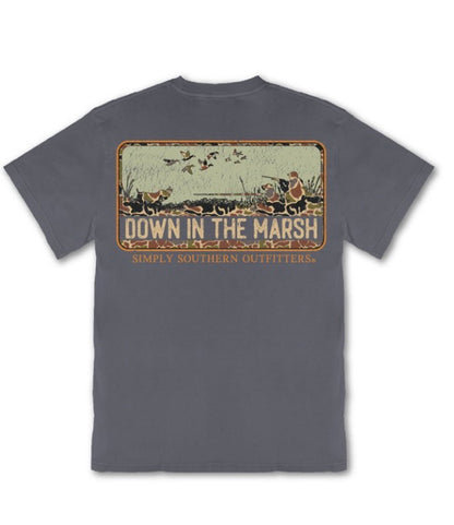 Gray tee with outdoor-themed graphic of ducks, hunters, and dogs, plus the phrase “DOWN IN THE MARSH, SIMPLY SOUTHERN OUTFITTERS.” Available in sizes S-XXL.