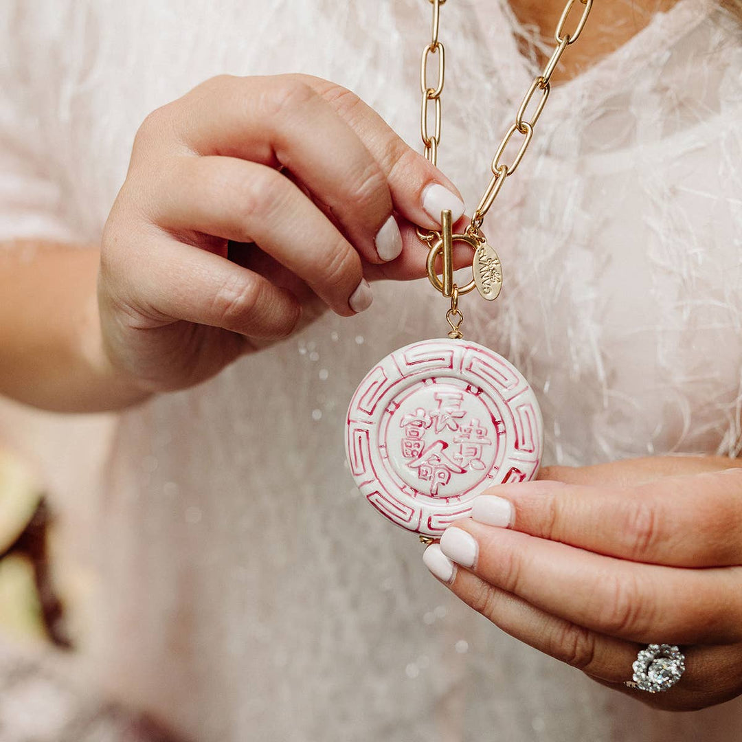 Ophelia Pink Chinoiserie Pendant T-Bar Necklace in Pink &amp; White with large round pendant, intricate designs. Sizes: S, M, L.