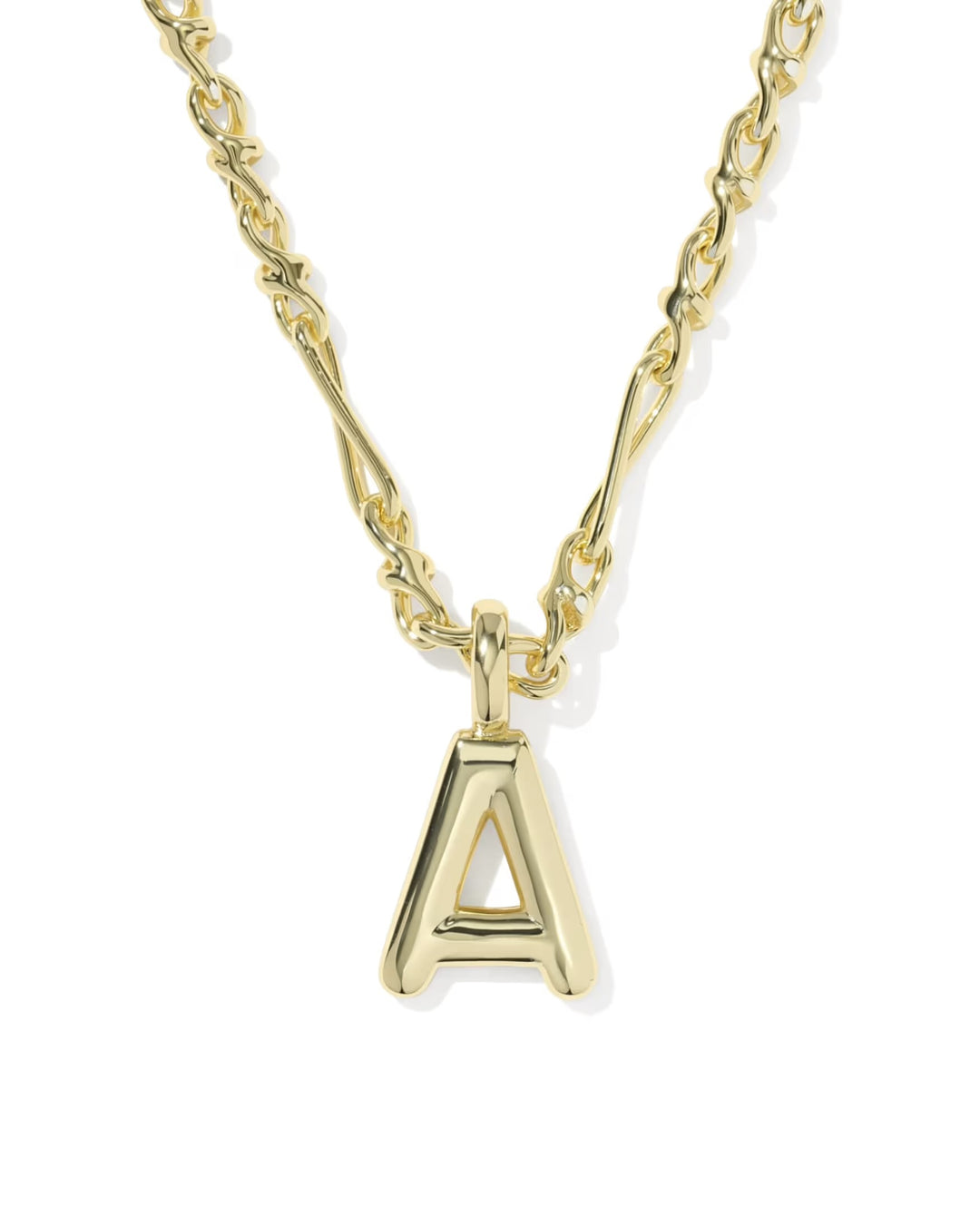 Chunky gold chain necklace with a polished gold bubble letter "A" pendant; available sizes not specified.