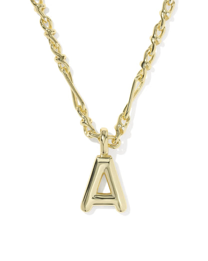 Chunky gold chain necklace with a polished gold bubble letter "A" pendant; available sizes not specified.