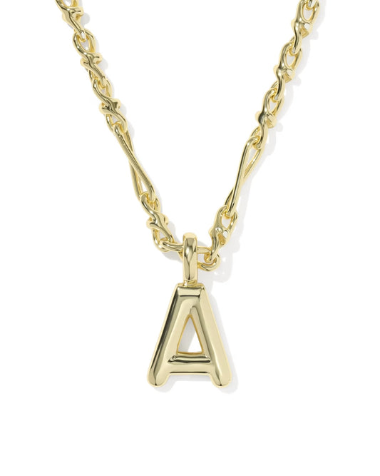 Chunky gold chain necklace with a polished gold bubble letter "A" pendant; available sizes not specified.