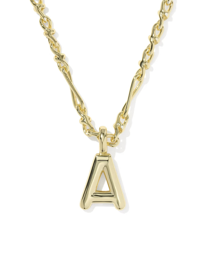 Chunky gold chain necklace with a polished gold bubble letter "A" pendant; available sizes not specified.