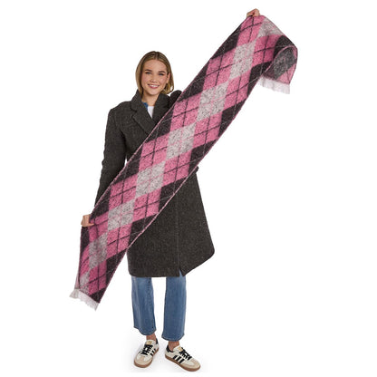 Classic Argyle Scarf with a long pink, black, and gray argyle pattern; available in standard and large sizes.