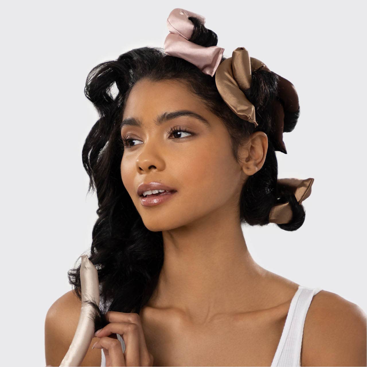 Satin Wrapped Flexi Rods 6pc Set shown creating gentle waves; heatless, sectioned use. Available in standard sizes.