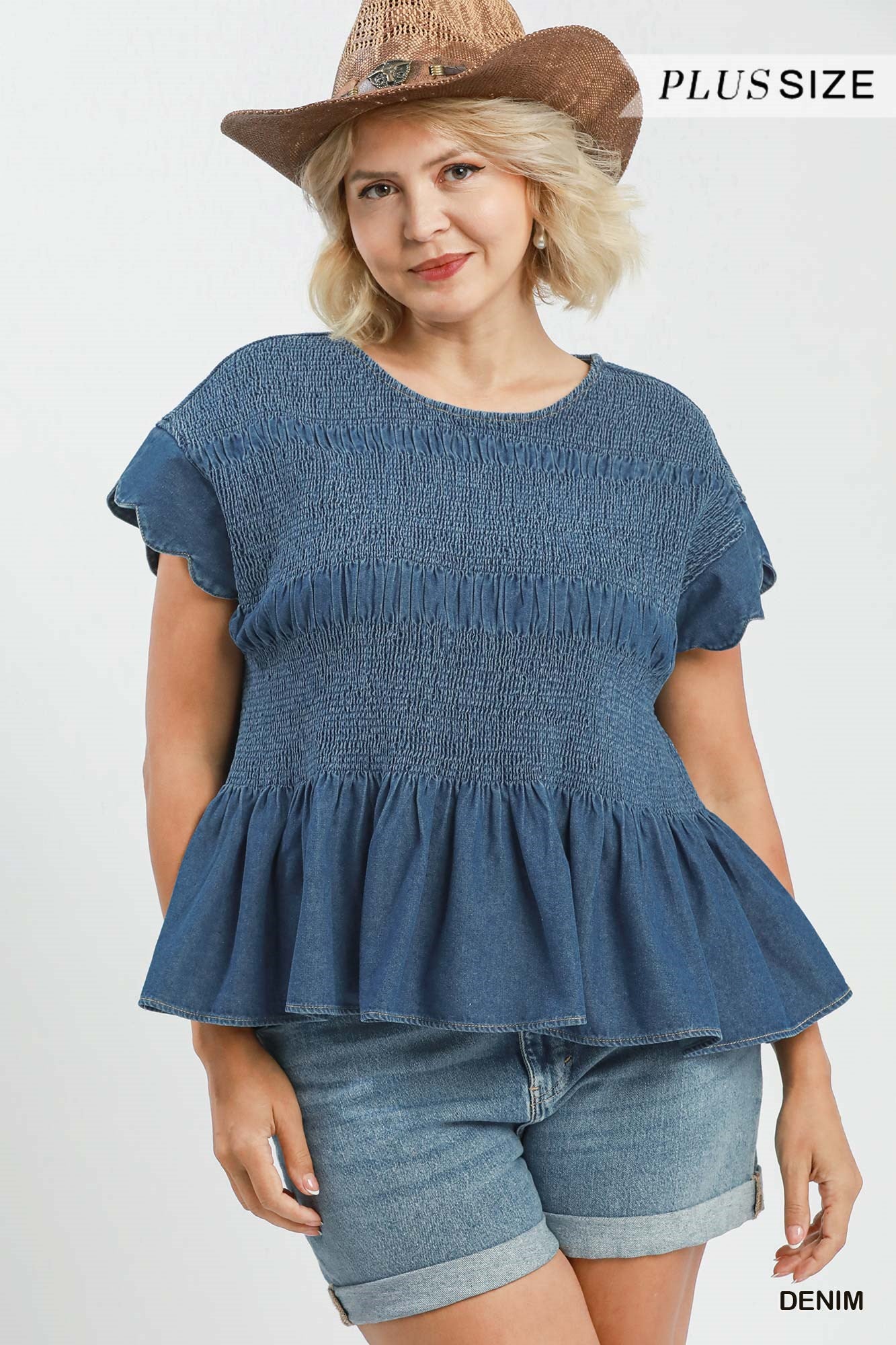 Blaire Chambray Smocked Peplum Top with scalloped ruffle sleeves and smocked bodice; available in plus sizes.