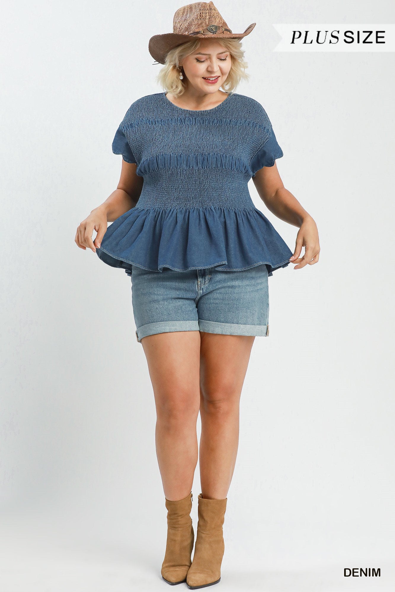 Blaire Chambray Smocked Peplum Top shown; available in plus sizes.
