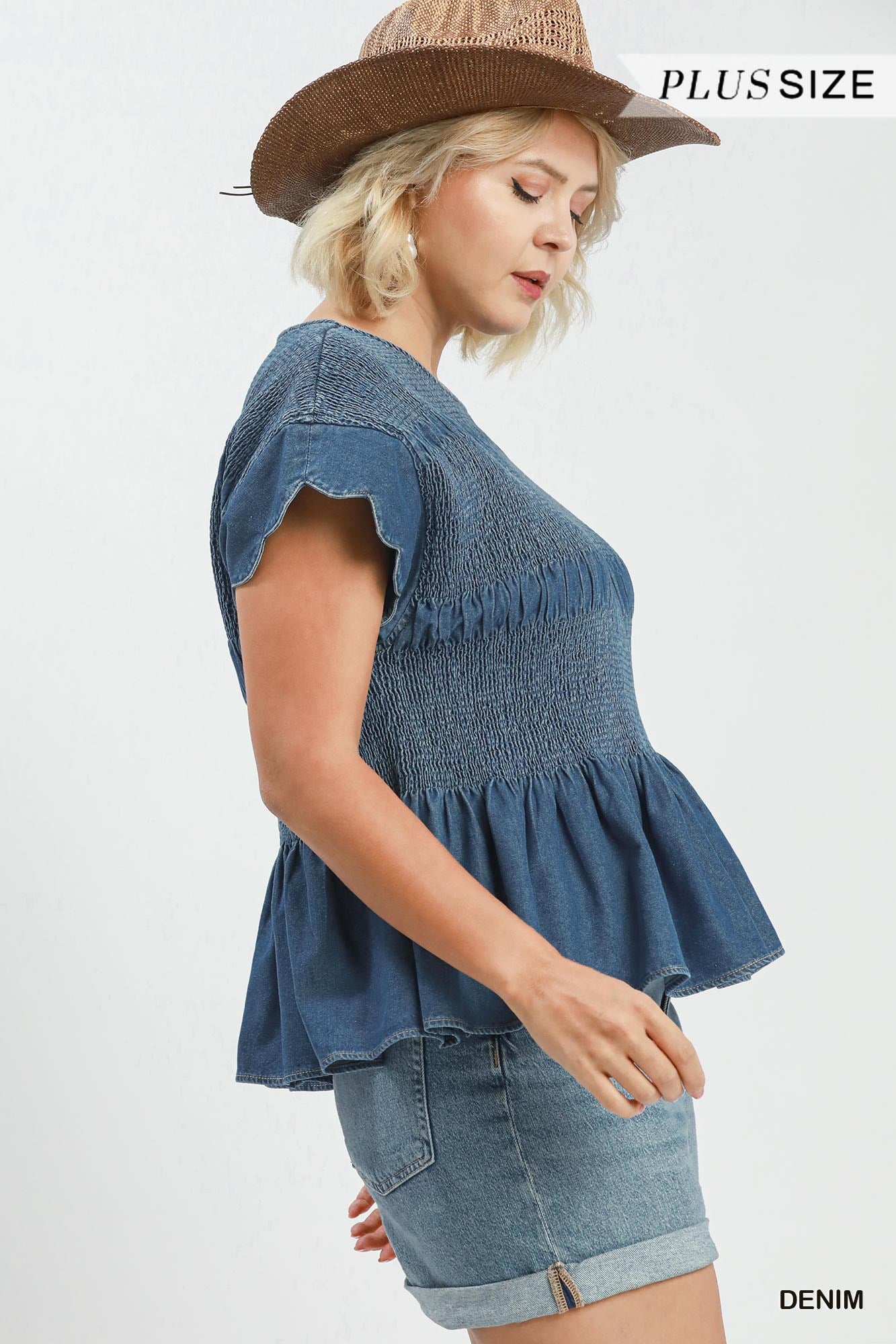 Blaire Chambray Smocked Peplum Top with ruffle cap sleeves, smocked bodice, available in Plus Size and Denim.