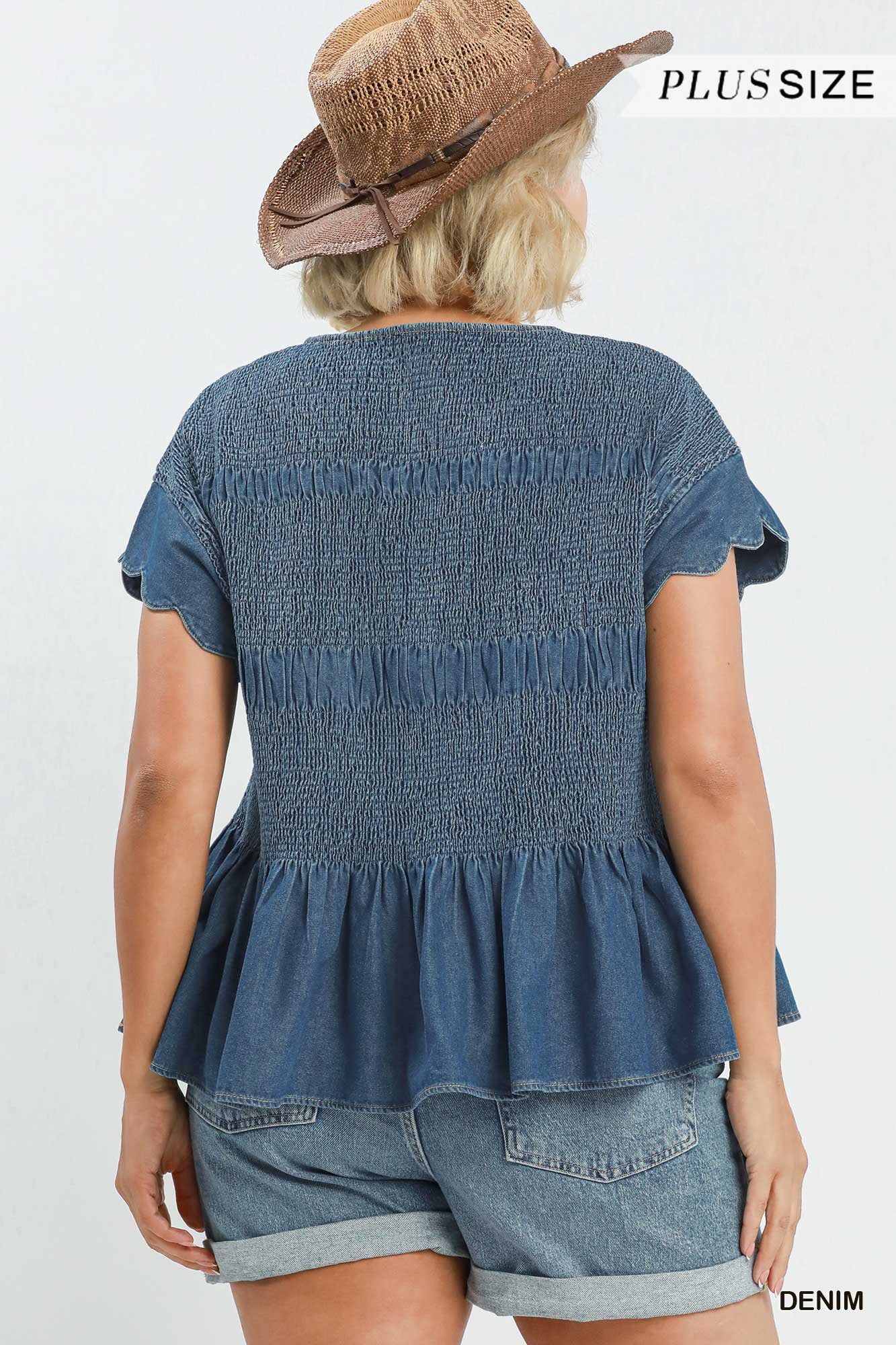 Blaire Chambray Smocked Peplum Top: denim, short sleeves, smocked bodice, ruffled hem. Available in plus sizes.