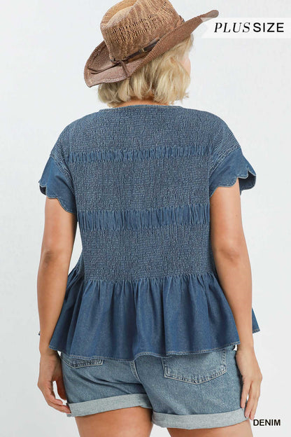 Blaire Chambray Smocked Peplum Top: denim, short sleeves, smocked bodice, ruffled hem. Available in plus sizes.