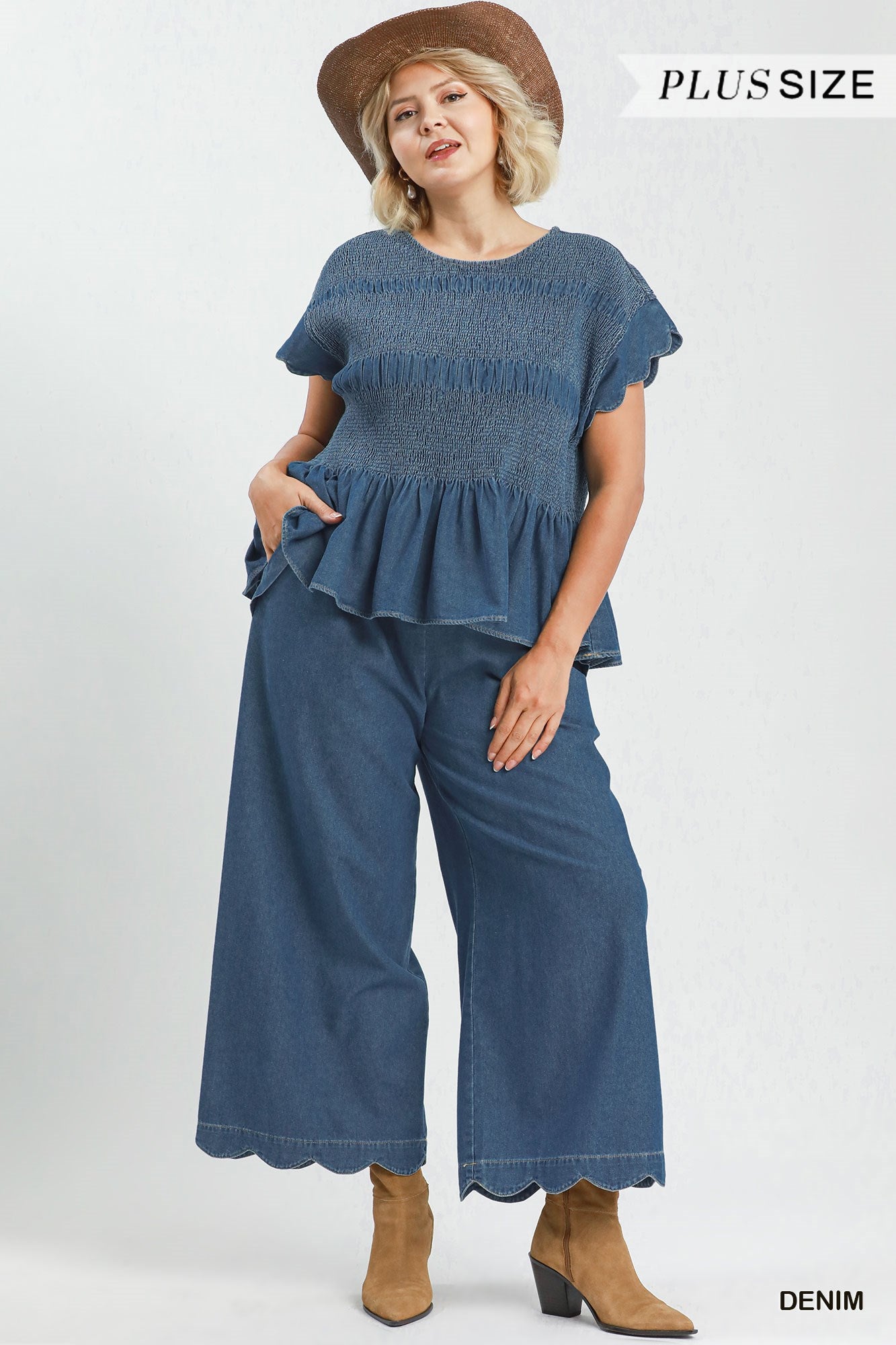 Blaire Chambray Smocked Peplum Top with ruffle cap sleeves and smocked bodice, available in plus sizes.